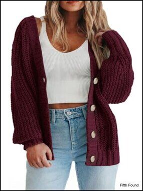 Plus Size Chunky Knit Cardigan Sweater Open Front Button V-Neck